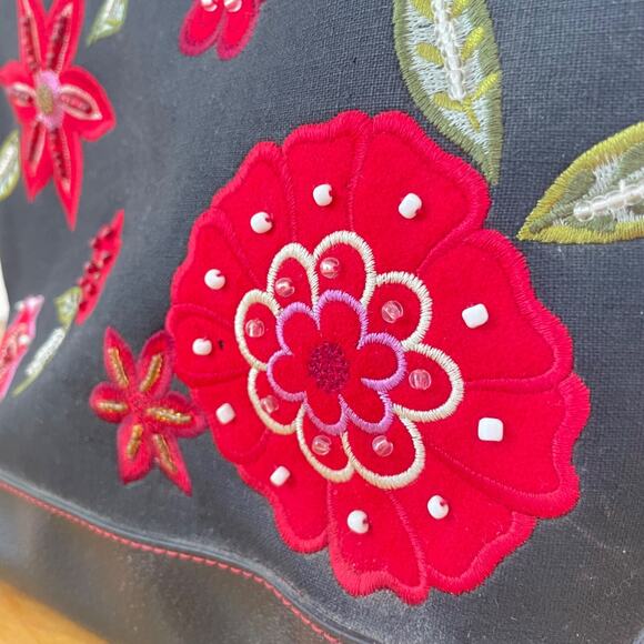 Vintage Liz Claiborne Floral Tote Bag Navy Red Embroidered Linen Cotton Boho Y2K - Picture 3 of 14